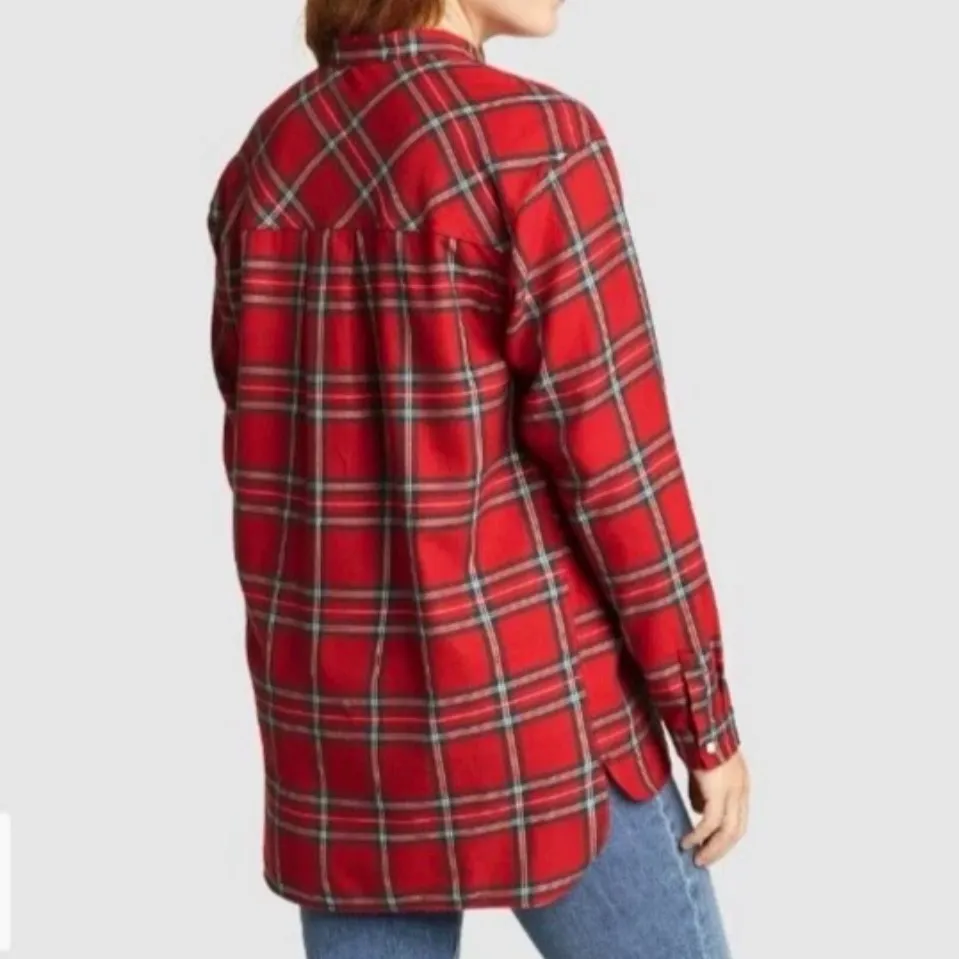 Eddie Bauer Top Womens Red Plaid Flannel Tunic Snap Front Shirt size medium - Image 2
