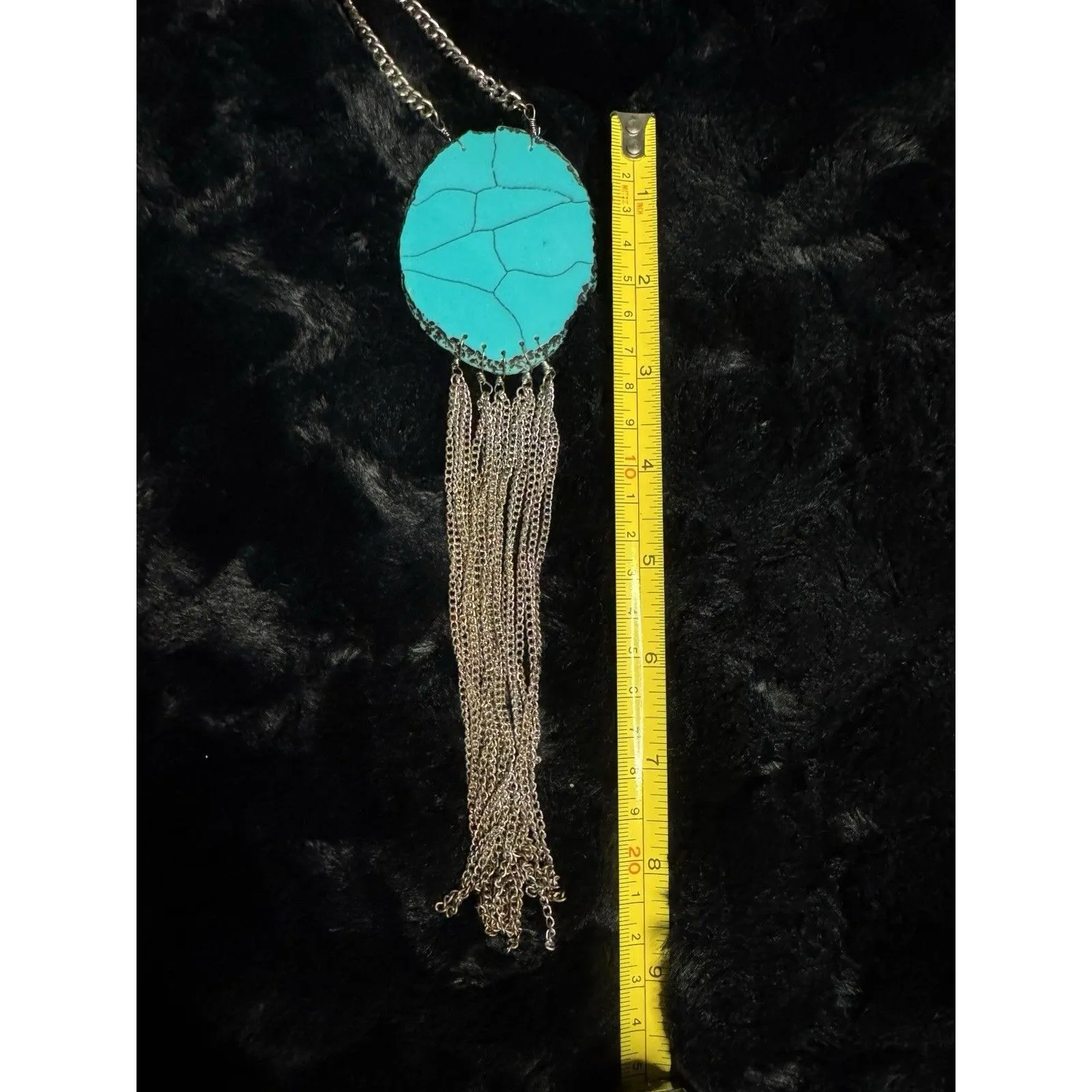 Boho‎ Style Turquoise Fringe Oval Silver Tone Chain Adjustable Necklace Western Blue - Image 4