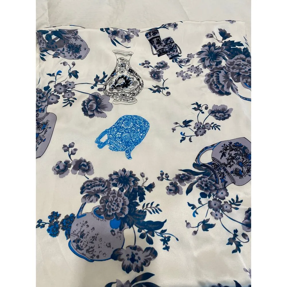 Minn Silk Floral Vase Print Scarf Wrap Shawl Blue Silk Long Women’s Accessory White - Image 4