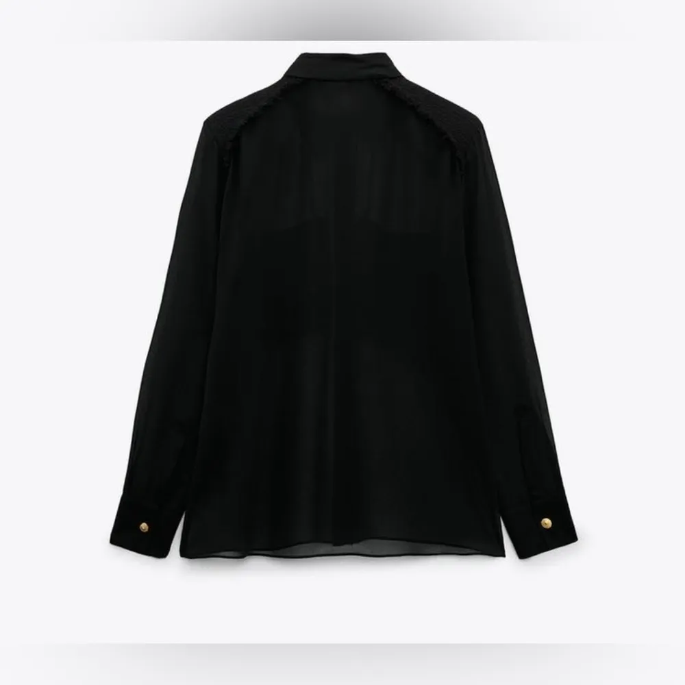 Zara Womens Semi Sheer Button Up Size XS Black Shoulder Pads Lightweight - Image 4