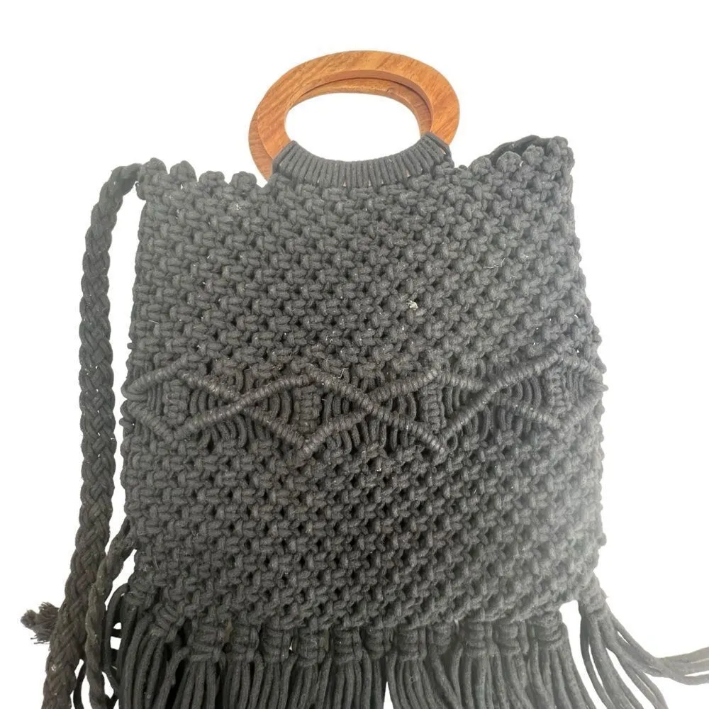 Danielle Nicole Macrame Handbag Black Fringe - Image 3