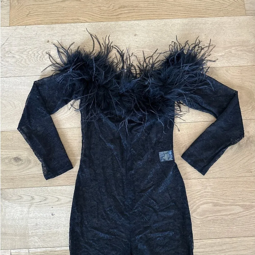 AKIRA - Big Love Lace Jumpsuit with Feather Trim in Black - Image 3