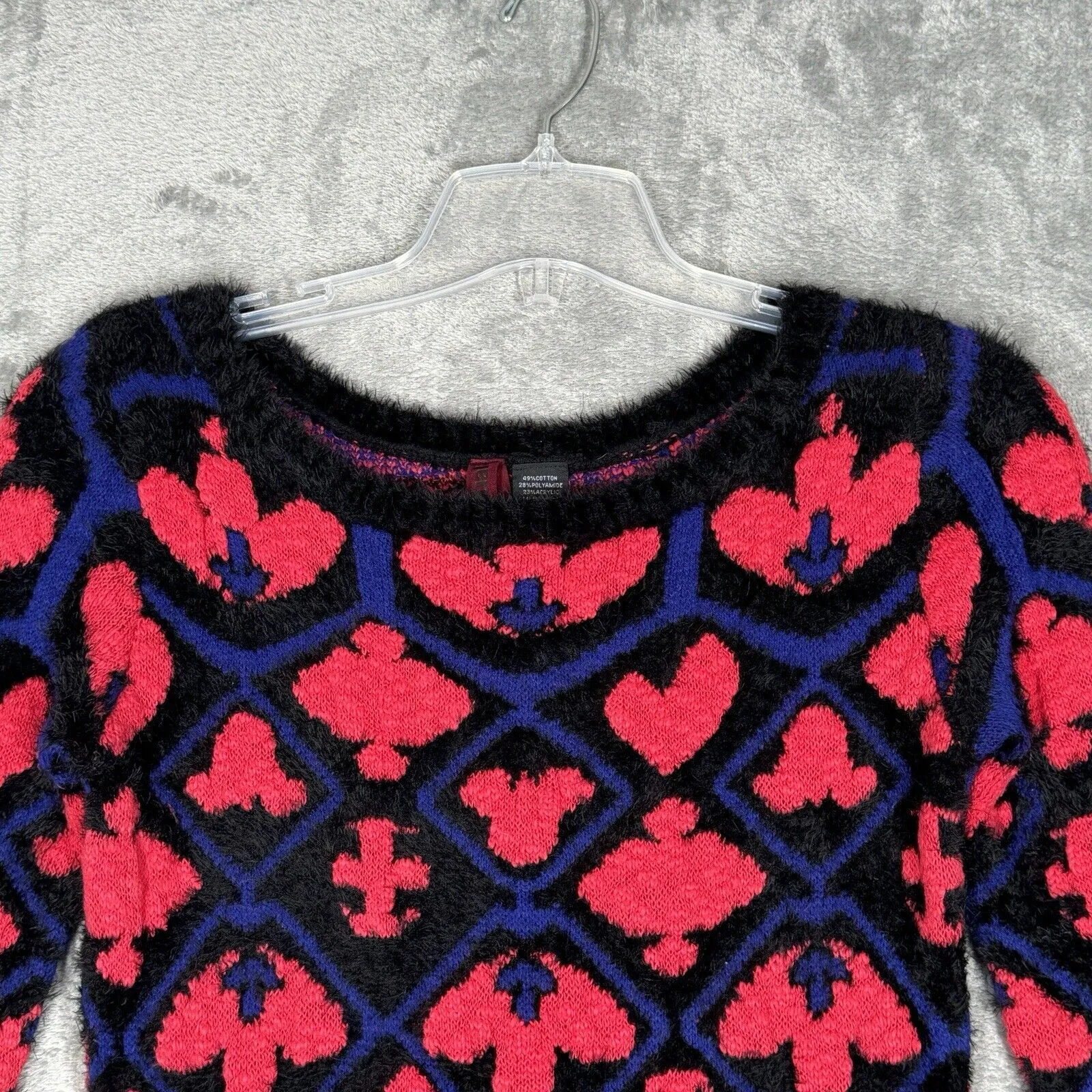 Desigual Sweater Women Small Pink Black Fuzzy Fleur de Lis Casual Colorful Artsy - Image 4
