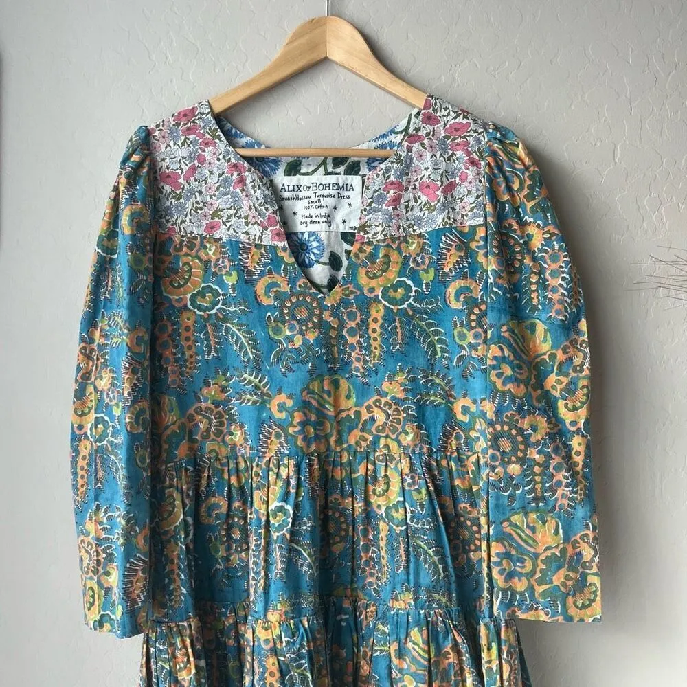Alix of Bohemia Squash Blossom Turquoise Print Tiered‎ Mini Dress Size Small Blue - Image 4