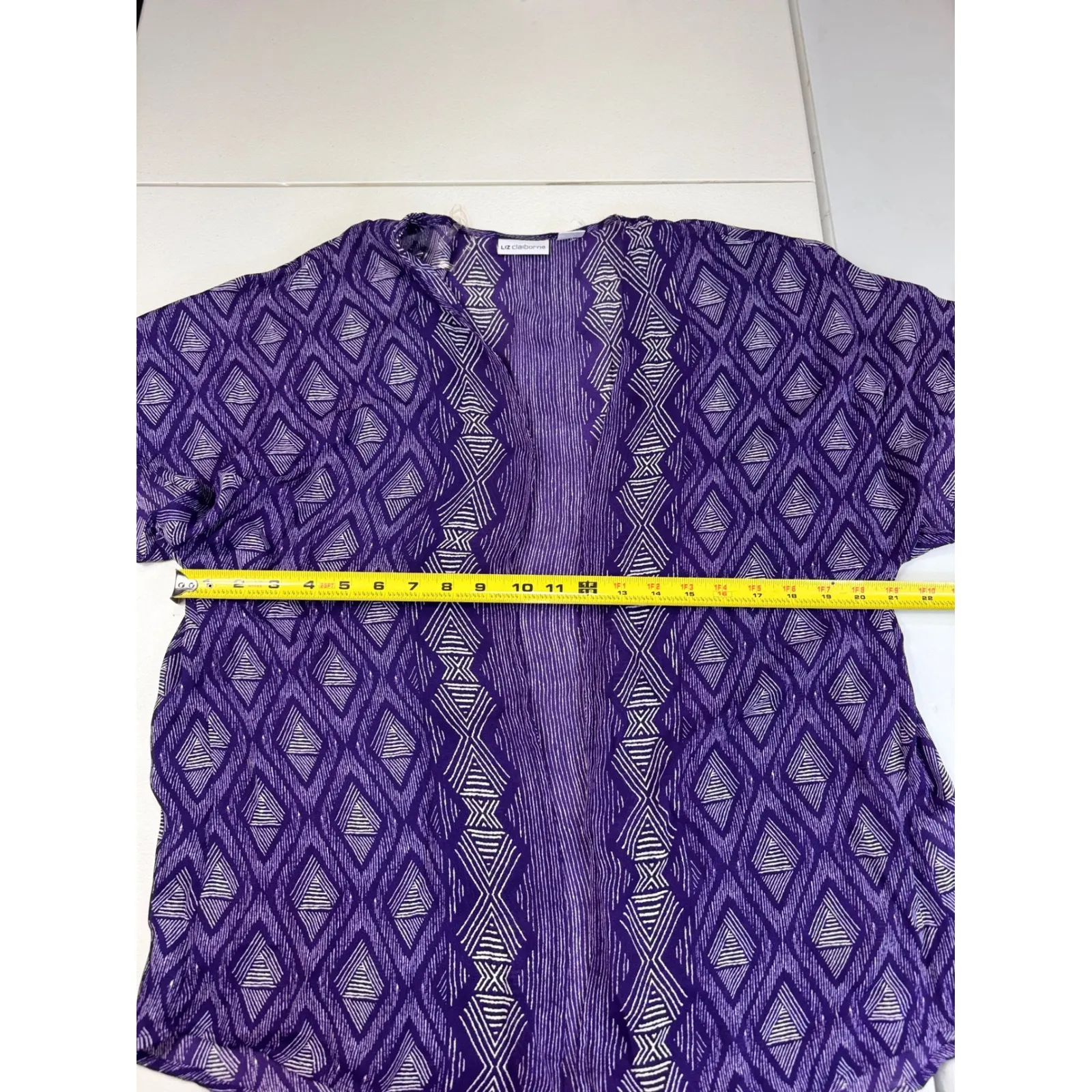 Liz CLAIBORNE Purple Diamond Print Open Front Kimono Short‎ Sleeve Top S/M - Image 3