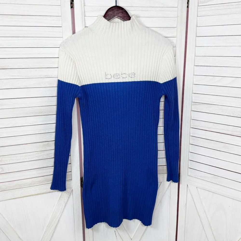 Bebe Surf The Web Rhinestone Logo Ribbed Knit Sweater Dress Blue‎ Ivory XL - Image 6