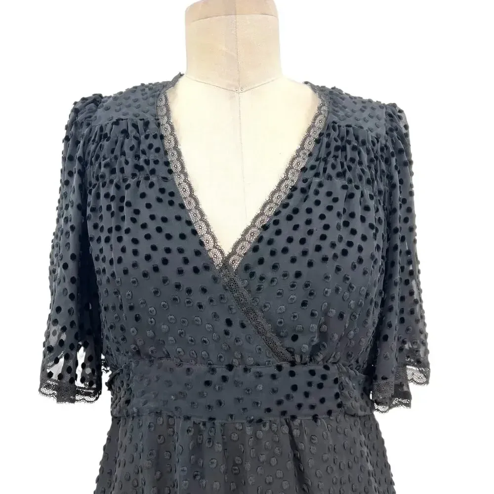 Betsey Johnson Vintage Black Swiss Dot Velvet‎ Flutter Sleeve Dress Size 4 - Image 3