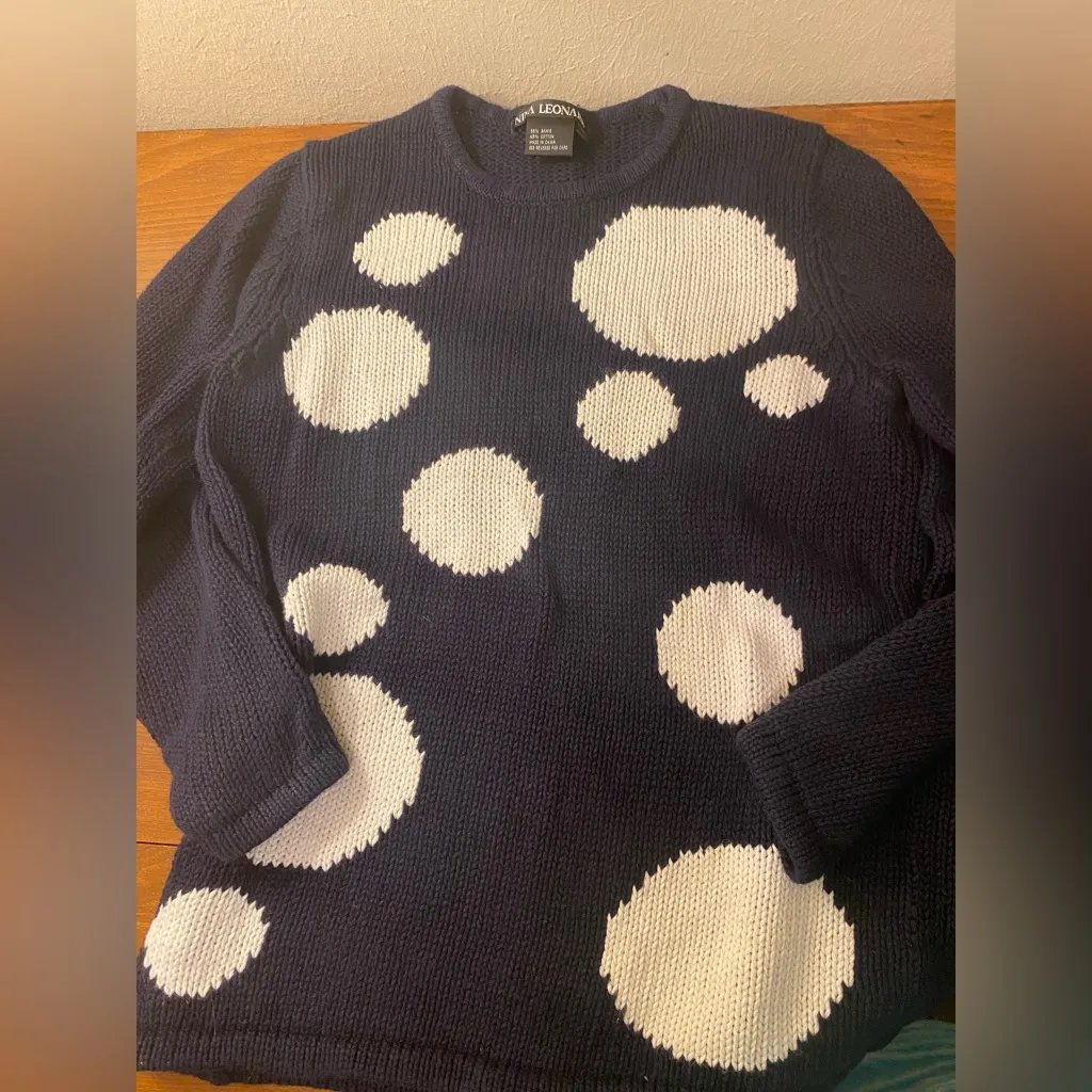 Nina Leonard Navy W White Eclectic Polka Dots Knitted Sweater SzSmall - Image 2