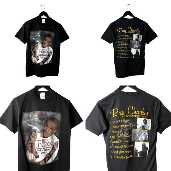 Vintage Y2K Ray Charles Jamie Foxx Movie Tee Black Small S T Shirt Graphic Solid - Image 2