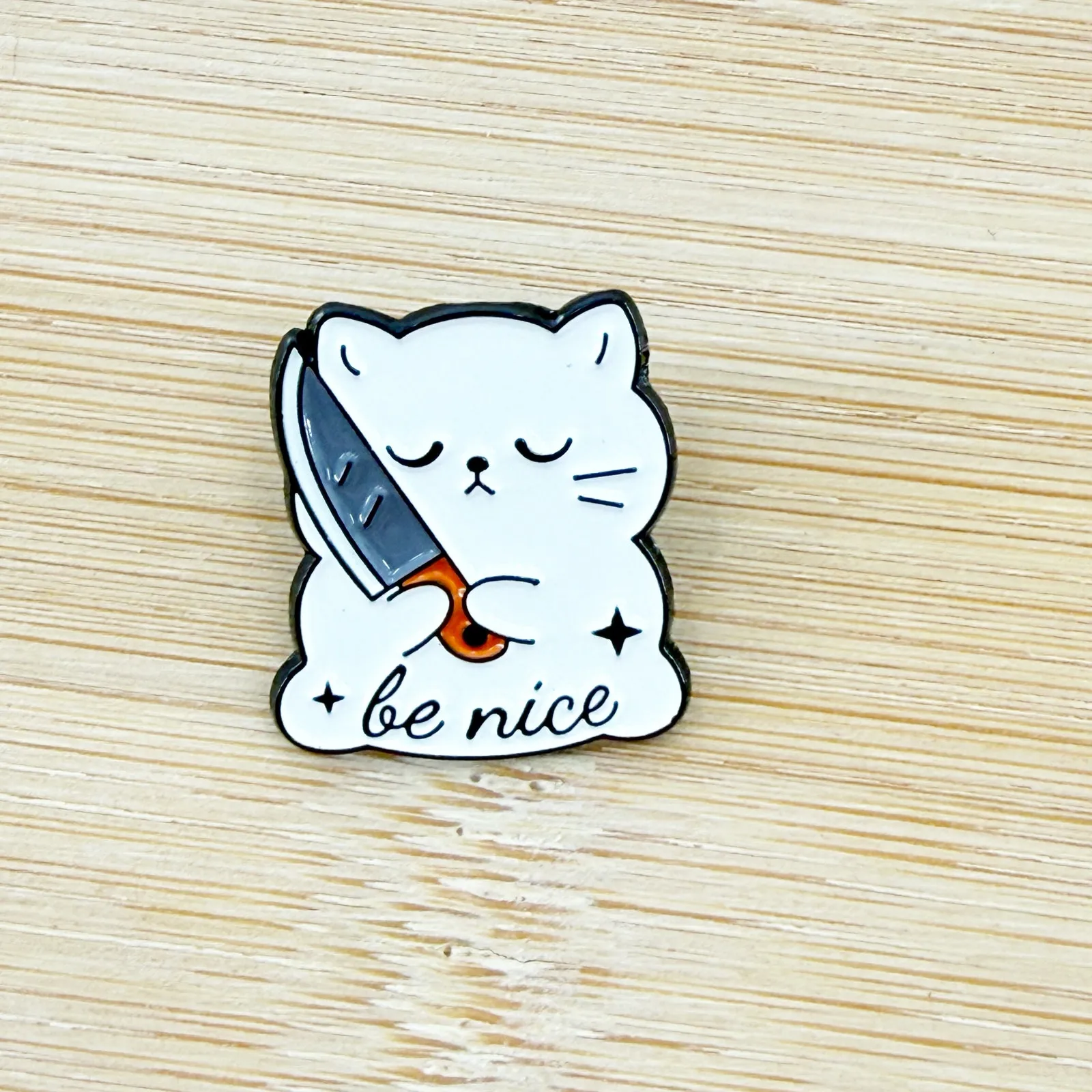 Be Nice Cat with Knife Funny Enamel Pin White - Image 2