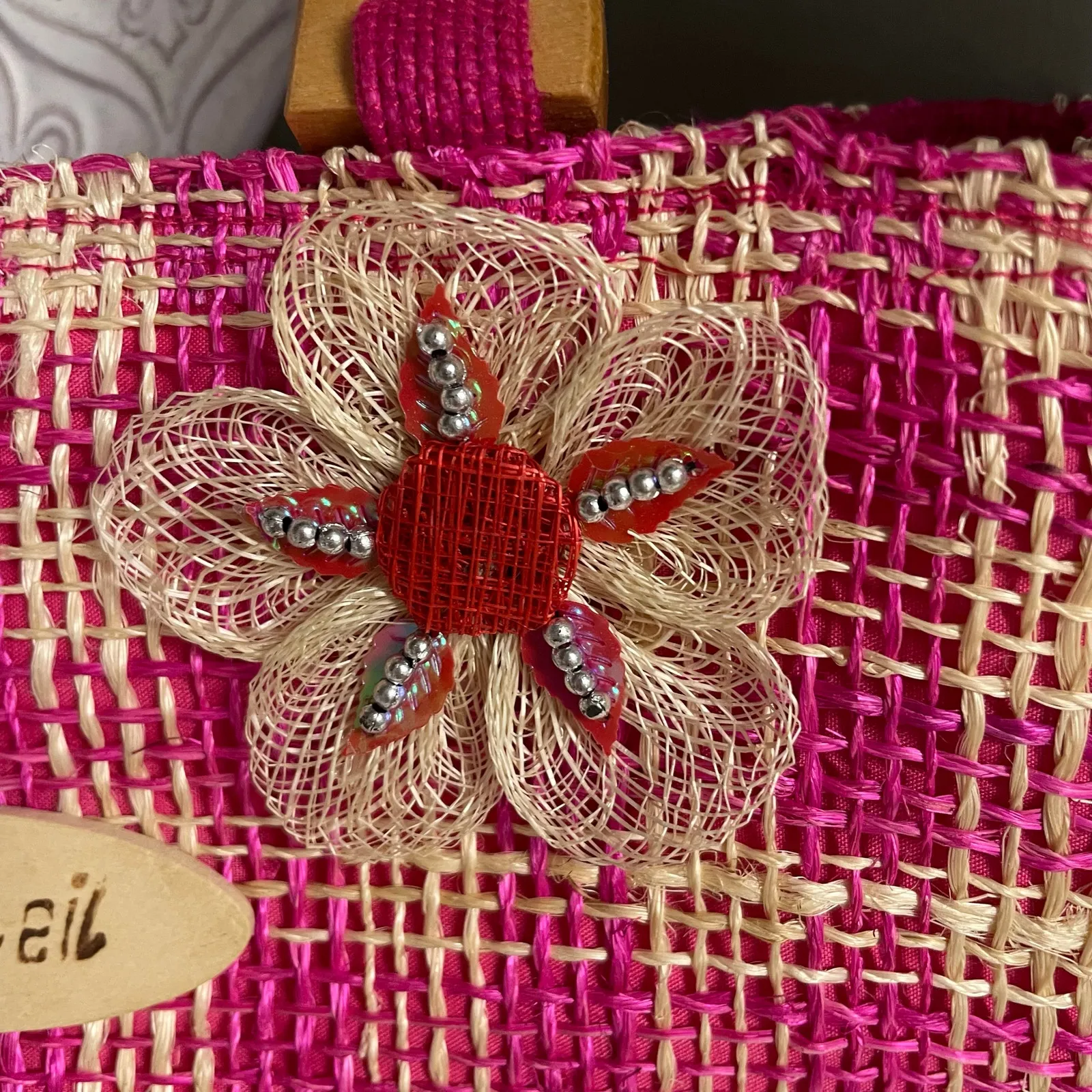 VTG Y2K Pink Woven Bag Wood Handle Clueless Coquette 90s Vibe - Image 3