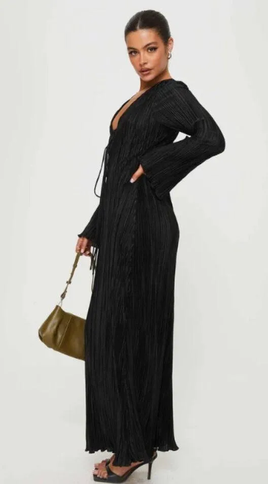 Princess Polly Russek Long Sleeve Pleated Plisse Tie Front Maxi Dress 2 - Image 4