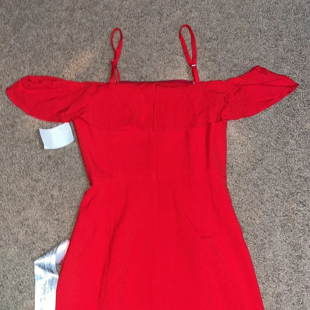 Dress The Population Faye Off Shoulder Strapless Ruffle Midi Dress Rouge Red XXS - Image 8