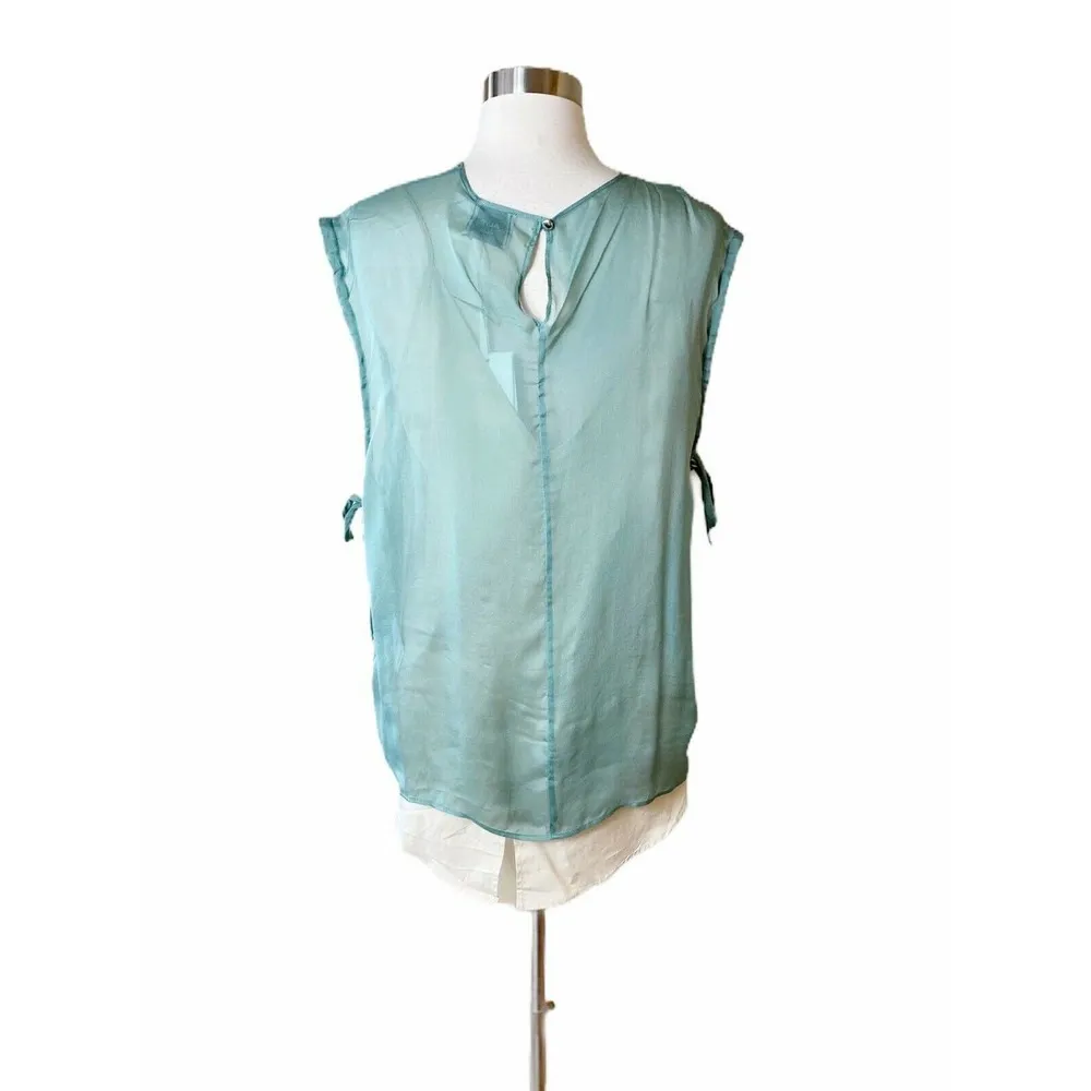 ALYSI Chocolat Silk Blouse Side Ties Sleeveless Italy Green Ivory Layered IT 44 Size 6 - Image 9