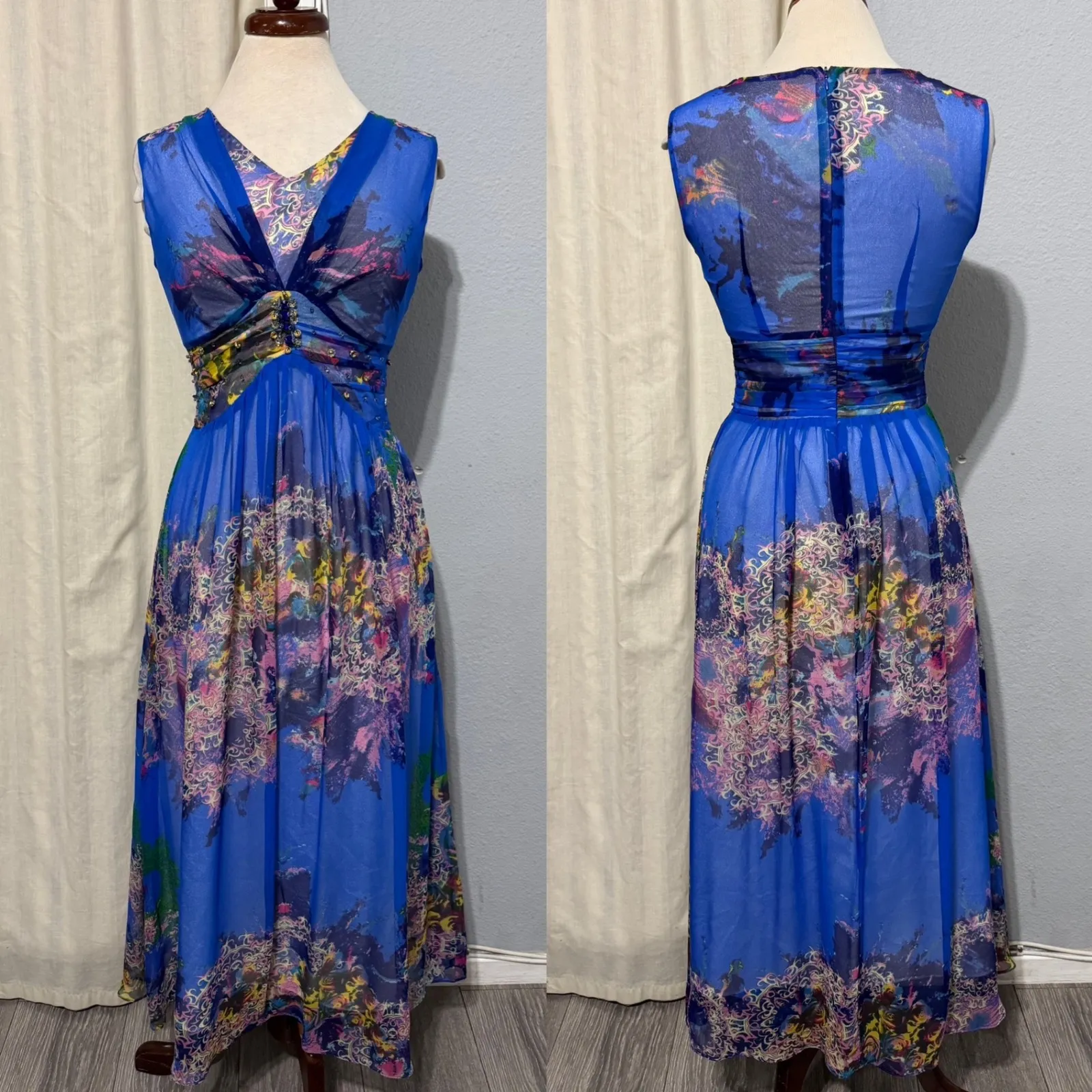 Vintage PRINCESS Maxi Dress Blue Floral Rhinestone Embellished Bohemian Flowy S - Image 2