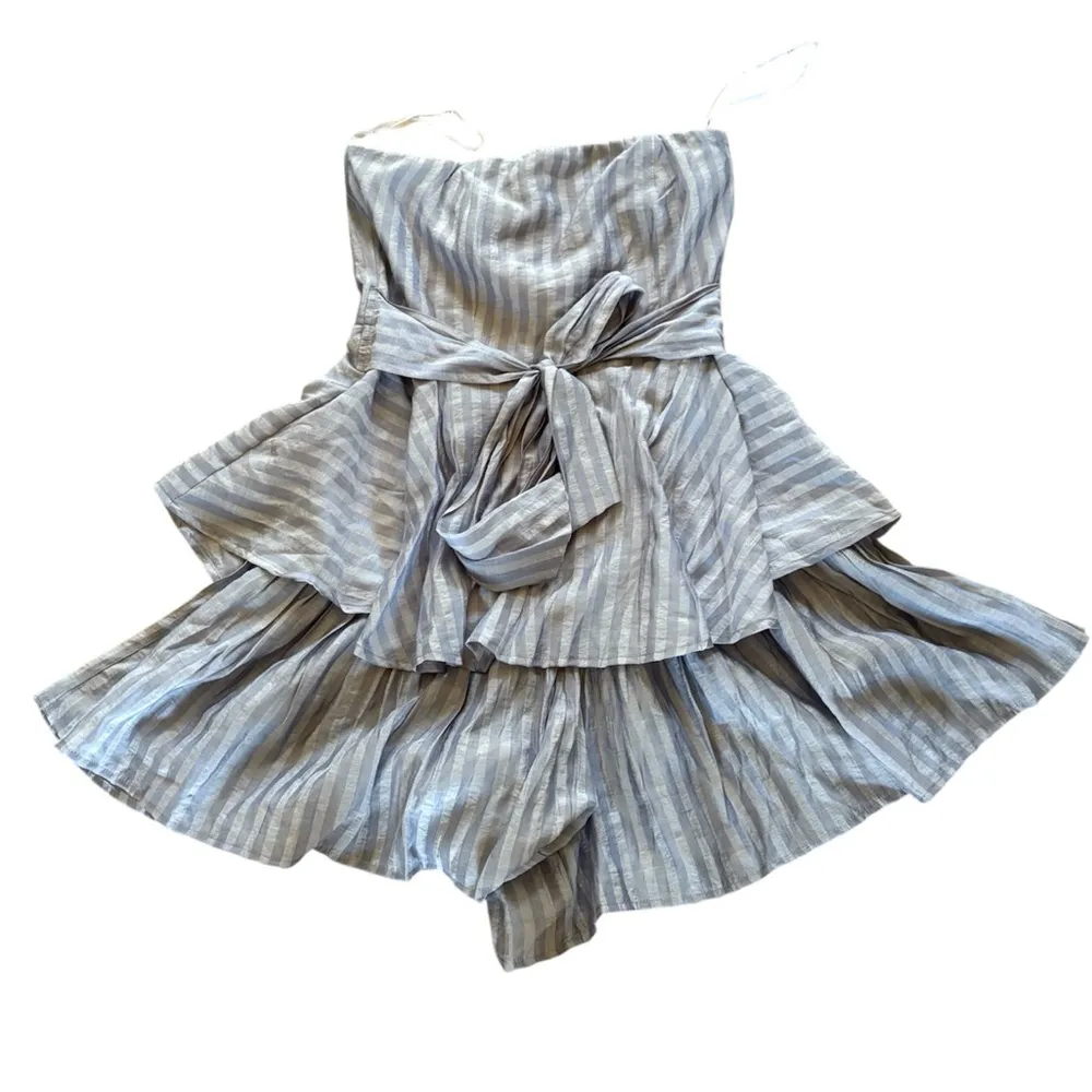 Lulus Tier and Now Dusty Blue Striped Strapless Ruffled Romper Gray - Image 7