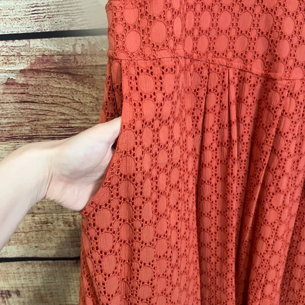 Anthropologie Elm Collared Dress 16W Midi Eyelet Burnt Orange Belted Sleeveless - Image 9