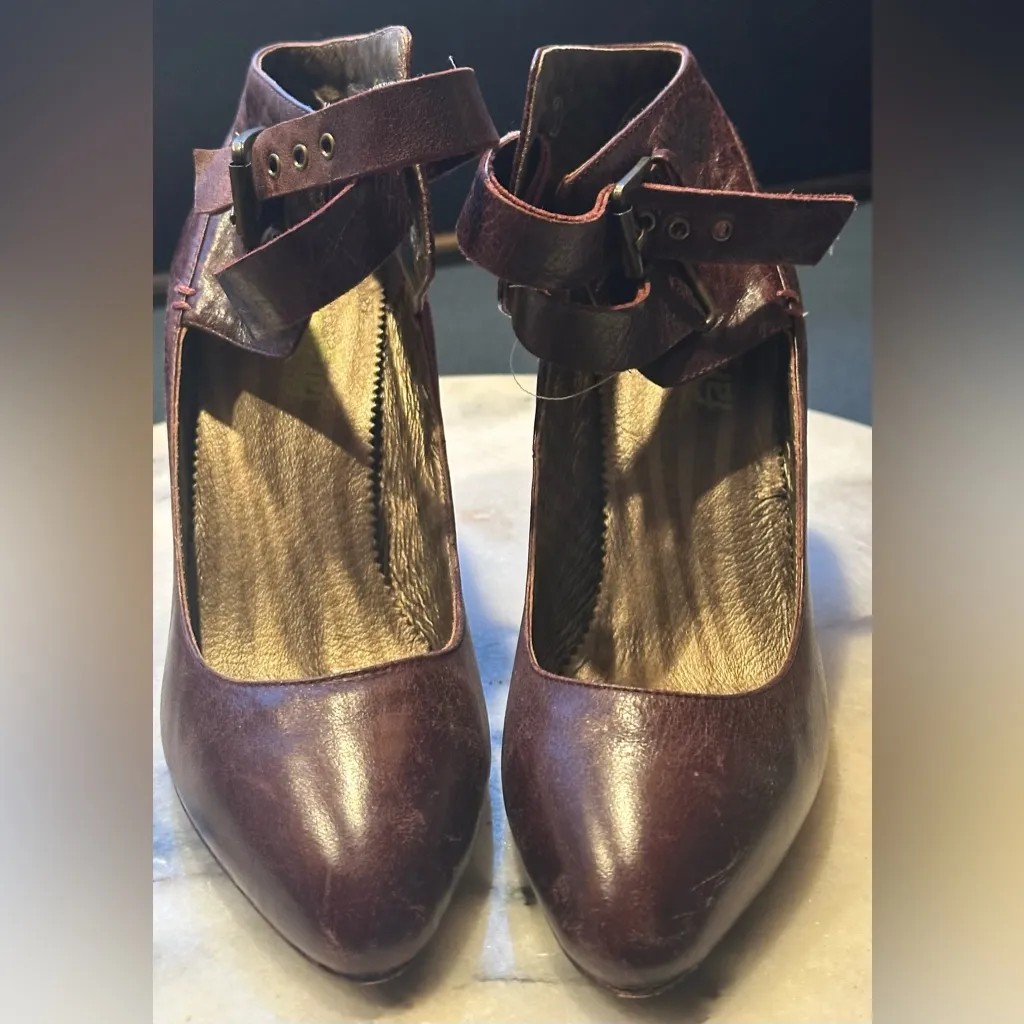 Anthropologie+Farylrobin Leather Burgundy Mary Jane Ankle Cuff 3.5 Heels Sz 7. Brown - Image 3