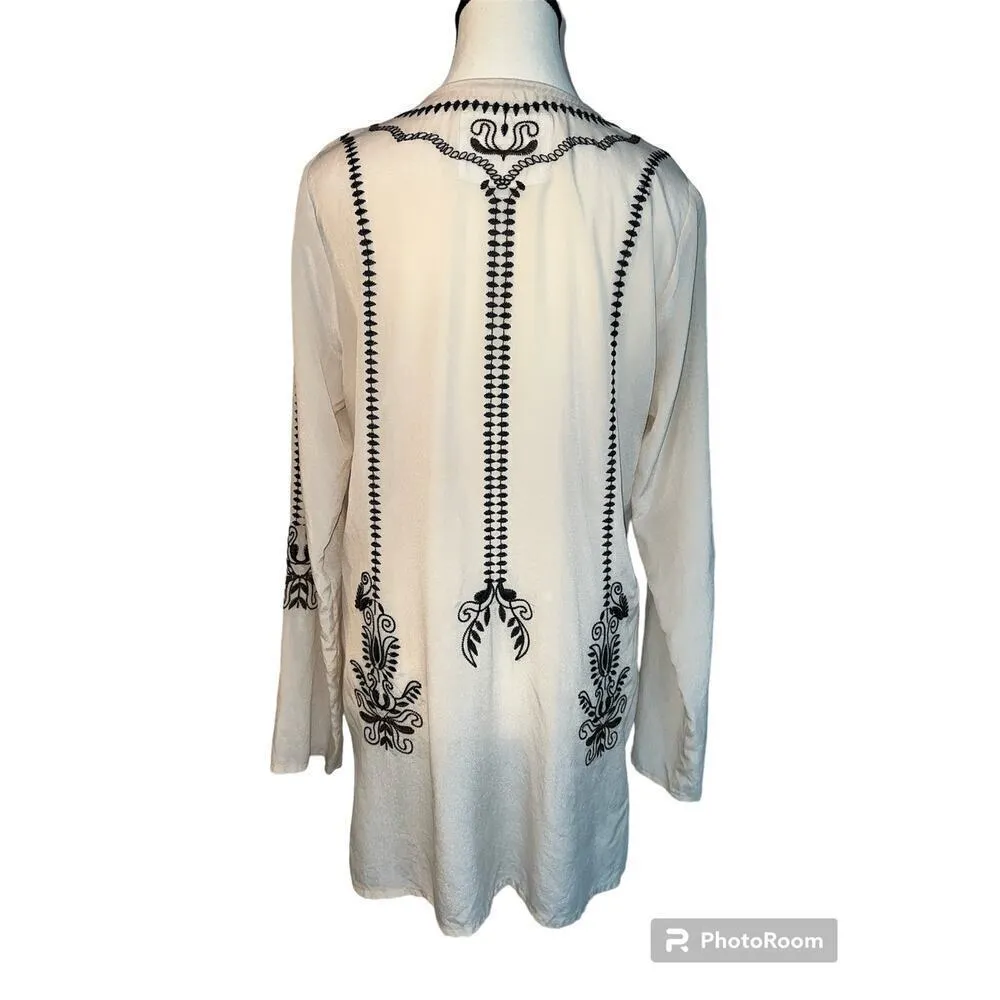 BIYA Johnny Was 100% Silk Cream Black Embroidered Tunic Top Boho Sheer Size S - Image 11
