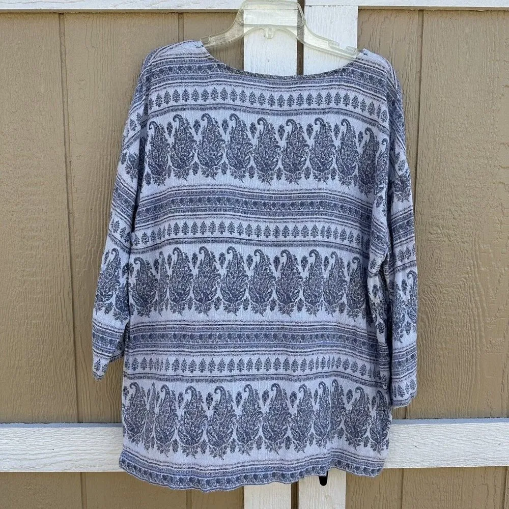 Pure J. Jill 3/4 Sleeve Blouse Women’s Size Large Blue Boho Paisley Hemp Cotton - Image 2