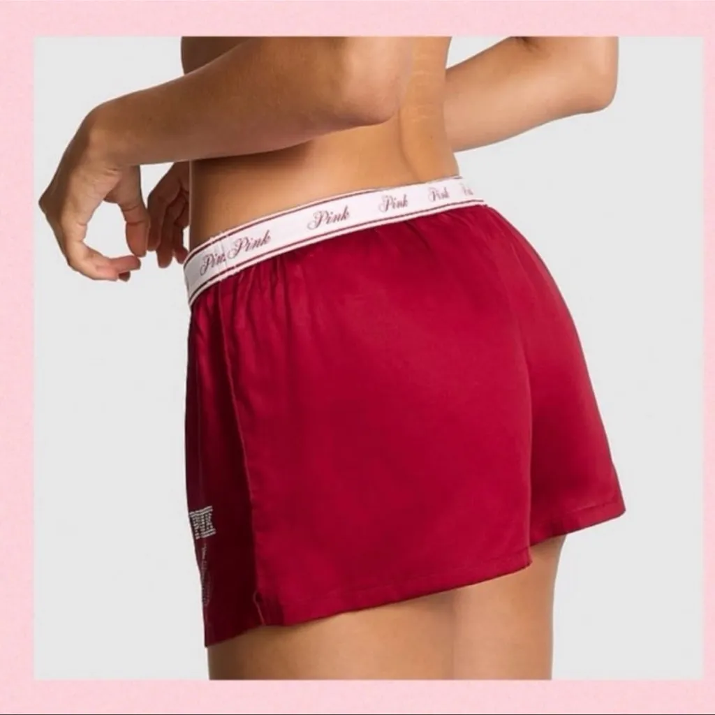 🍎PINK VICTORIA’S SECRET Silky Pajama Shorts Red With Bling Apple & “PINK” Logo L - Image 3
