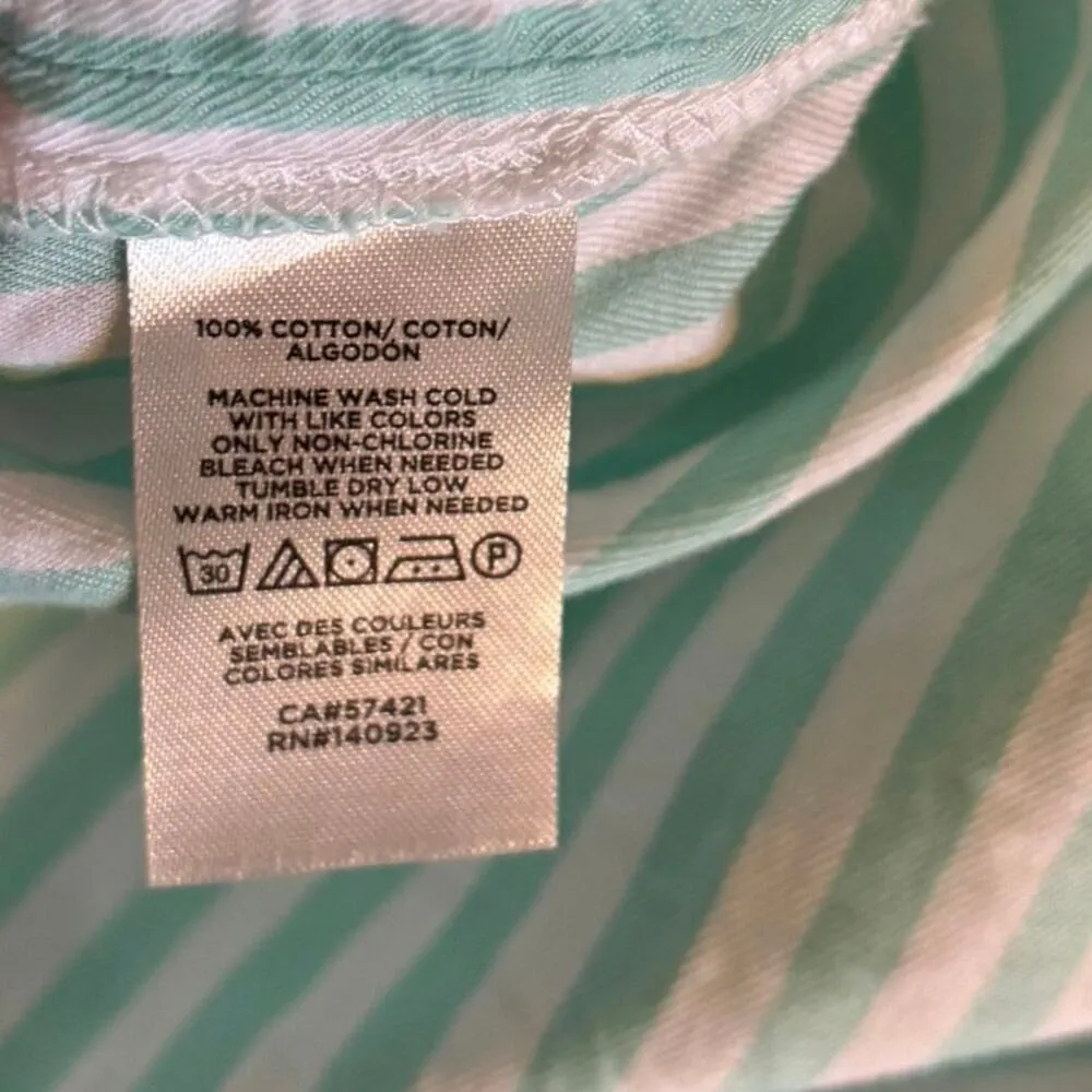 Loft Size L 100% Cotton Button Up Front Top Shirt Green White Stripe Oversized - Image 4