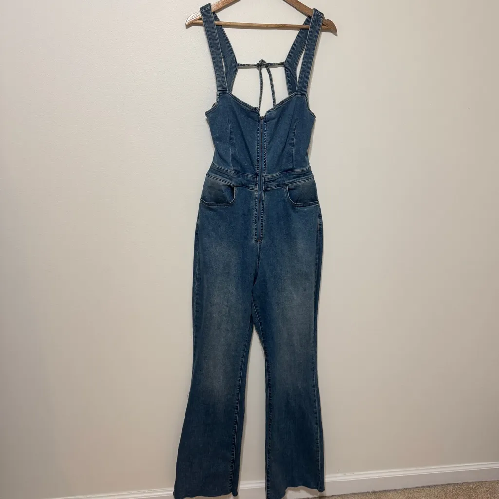 Free People CRVY 2nd Ave One Piece Denim Jumpsuit Flare Size 10 Women’s Western - Image 2