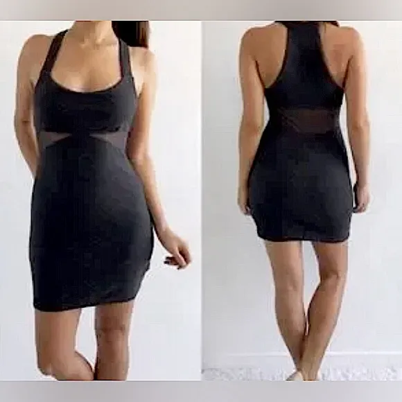 Free People charcoal Knit Mini Dress with sheer cutouts Sz Med - Image 2