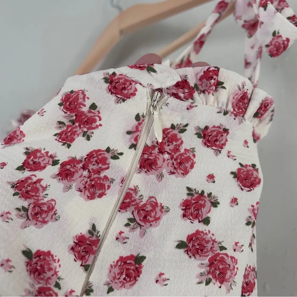 SHOWPO Cream Pink Scalloped Hem Floral Mini Dress with Bow Straps Spring Formal Size 16 - Image 4