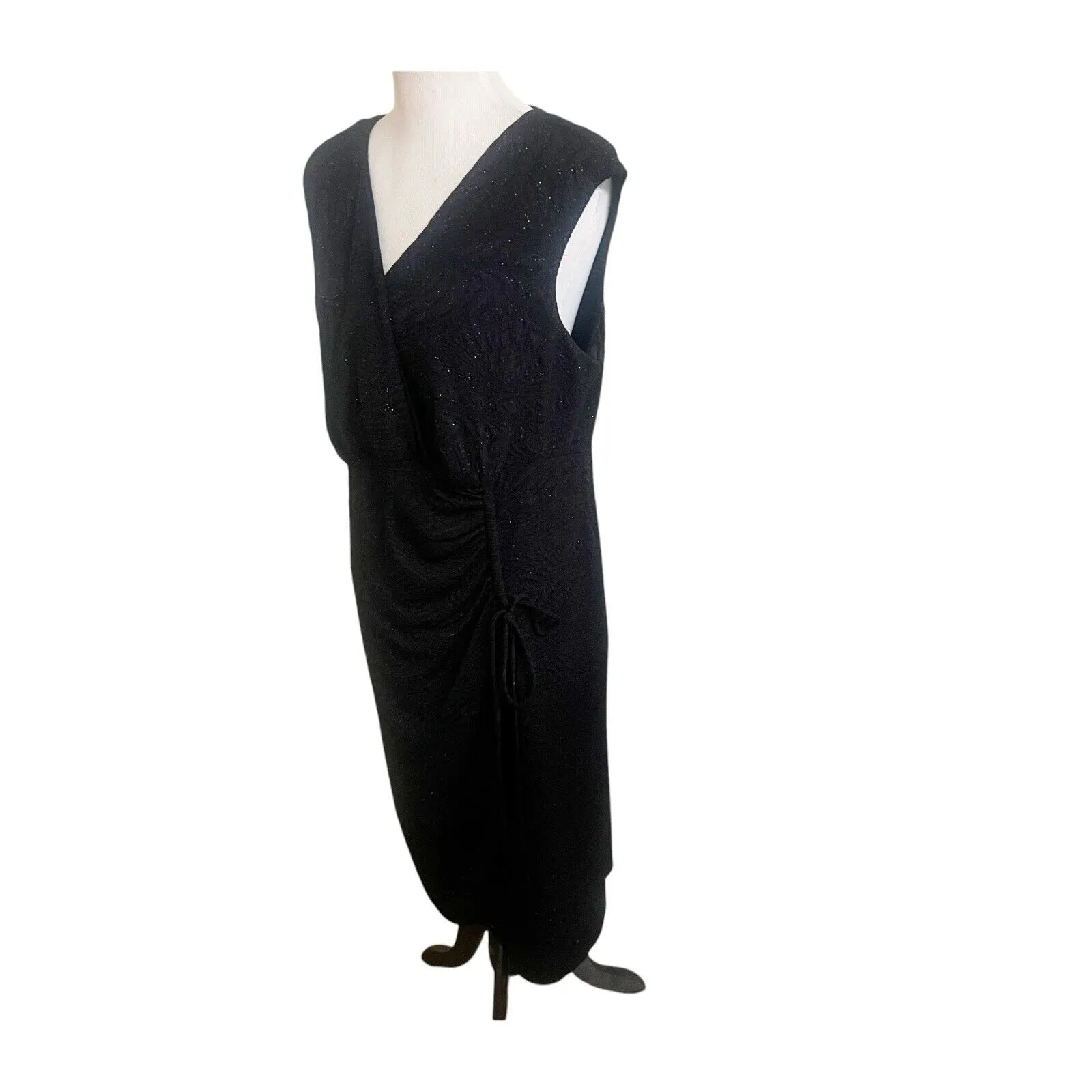 Alfani Faux Wrap Dress Ruched Black Metallic Sparkly Midi Plus Size 16W Holiday - Image 3