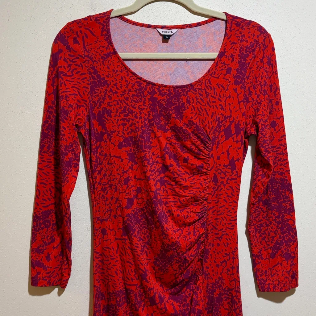 The Kit Jamie Ruched Dress 3/4 Sleeves in Cerise Complication Pattern Size Small Red - Image 6