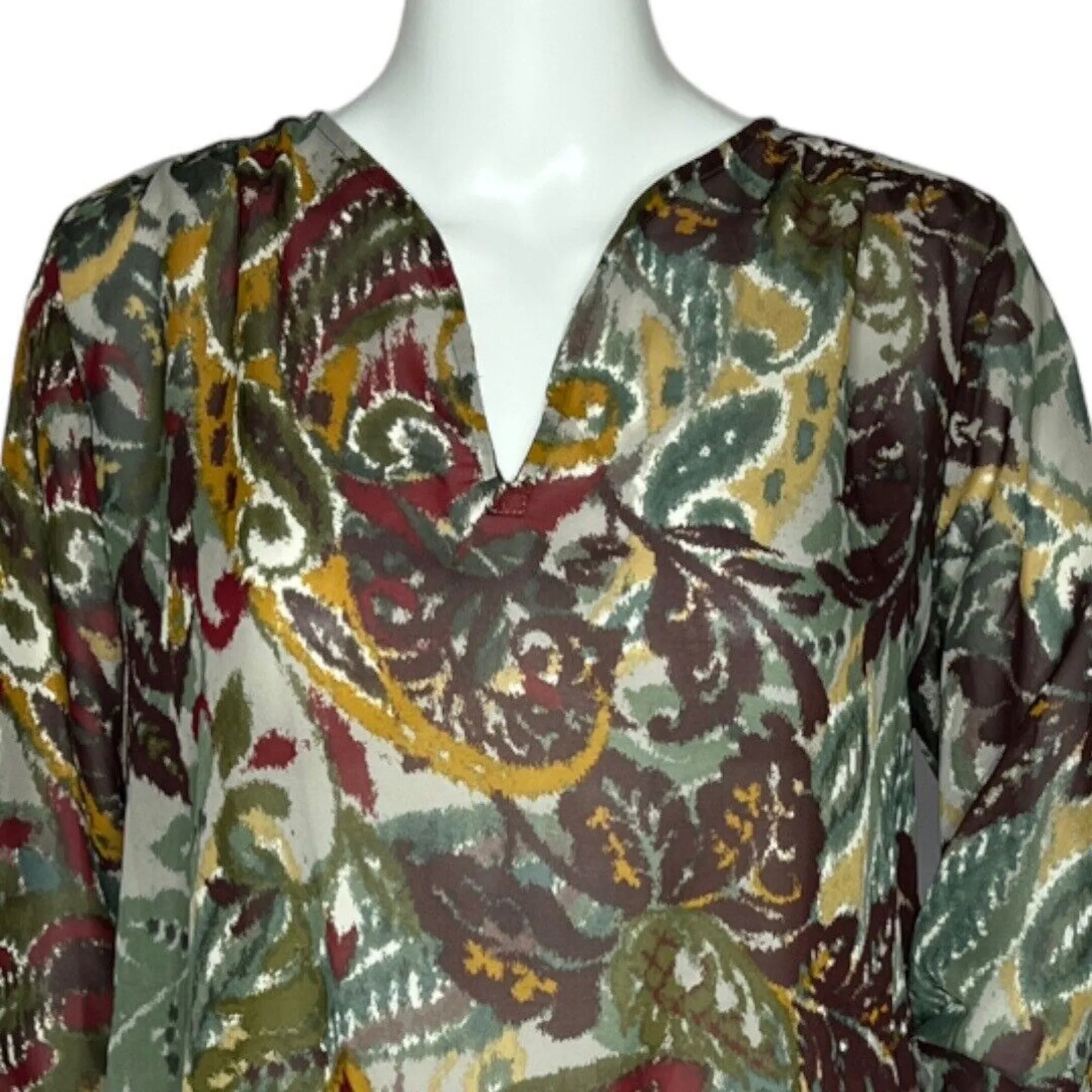 Bobeau Shirt Womens Small Green Orange Brush Stroke Paisley Blouse Boho Colorful - Image 4