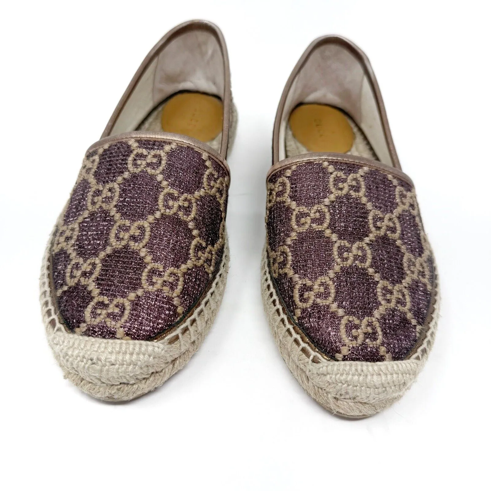 Gucci GG Logo Lurex Lamé Espadrilles Brown Beige Monogram Flats EU 37.5 US 7.5 - Image 4