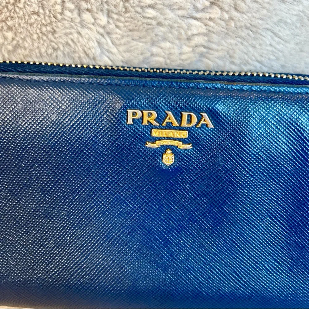 Prada Blue Saffiano Leather Large Organizer Zippy Wallet - Image 7