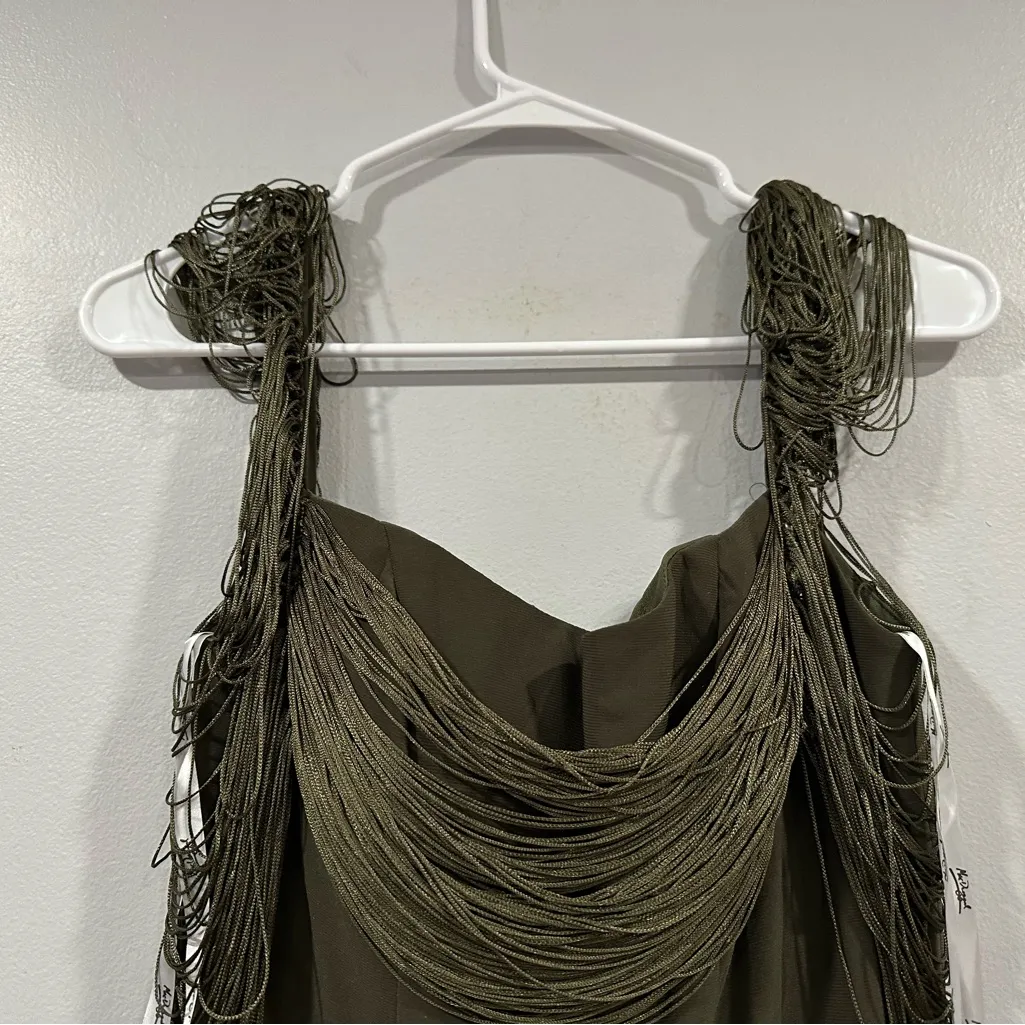 Mac Duggal 20568 Short Sleeve Fringe Detailed Midi Dress Olive Sz 2 NWOT - Image 7