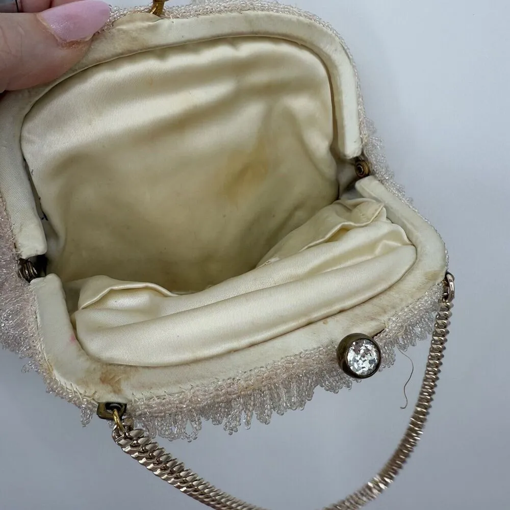 Bags by Josef Vintage Ivory Beaded Clutch Evening Bag Satin 50s Crystal Clasp - Image 9