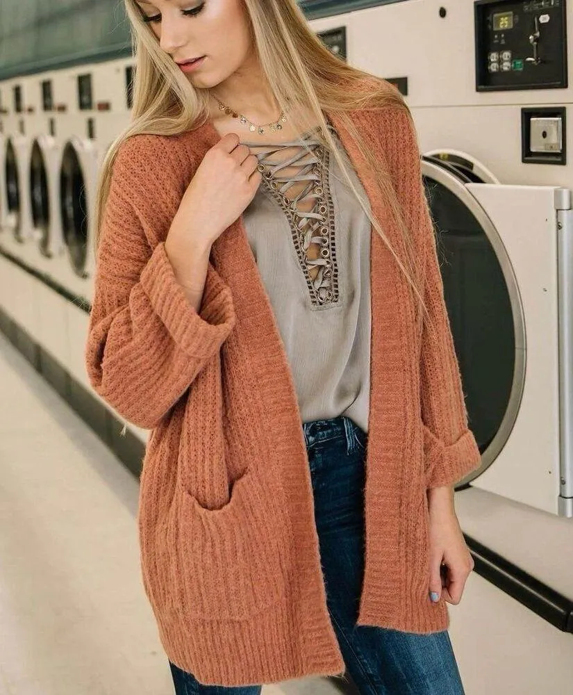 Terracotta rust orange long chunky knit cardigan Size L - Image 2