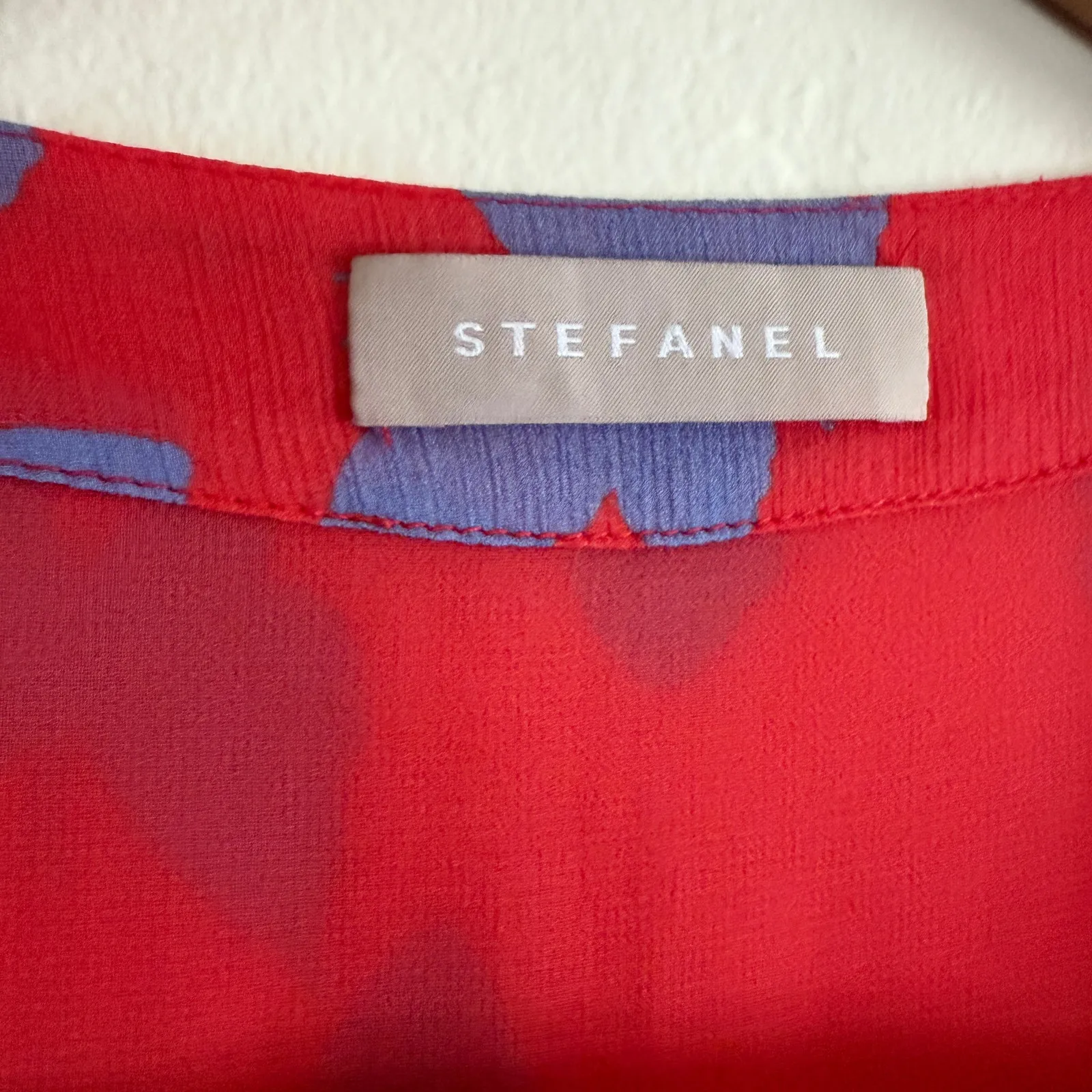 STEFANEL Red Crinkle Chiffon Blue Butterfly Print Swing Midi Shirt Dress Size 4 - Image 4