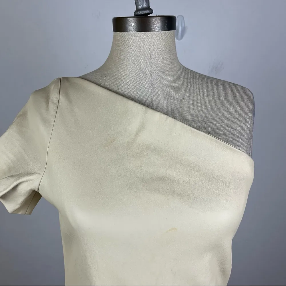 Helmut Lang Ivory One Shoulder Lamb Leather Top - Image 3