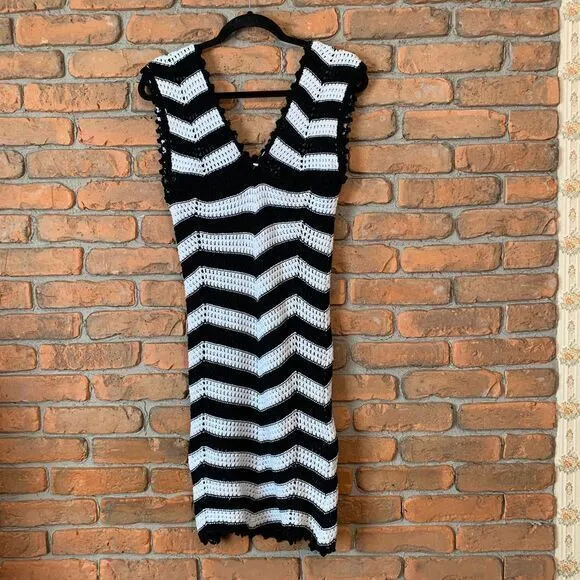 Nisan‎ Crochet Dress Womens Size Medium Black White Striped Open Knit Mini NWT - Image 2