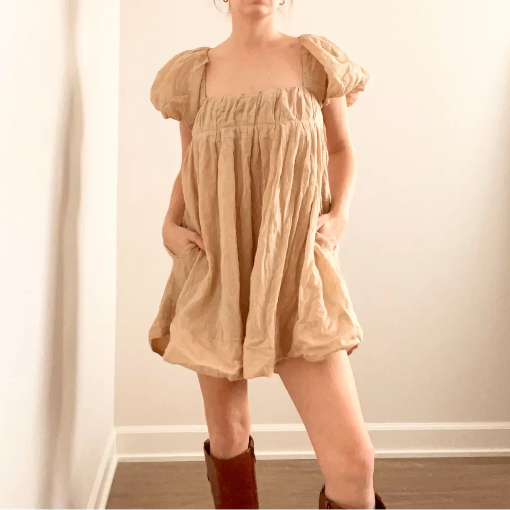 Free People Marina Puff Sleeve Tan Open Back Mini Dress - Image 2