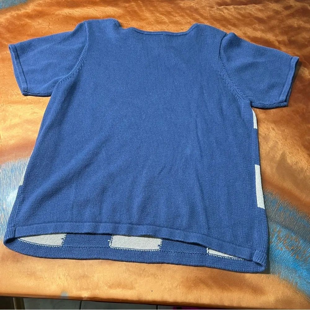 Crazy Horse Liz Claiborne Checkerboard knit crewneck sweater XL Blue white patch - Image 5