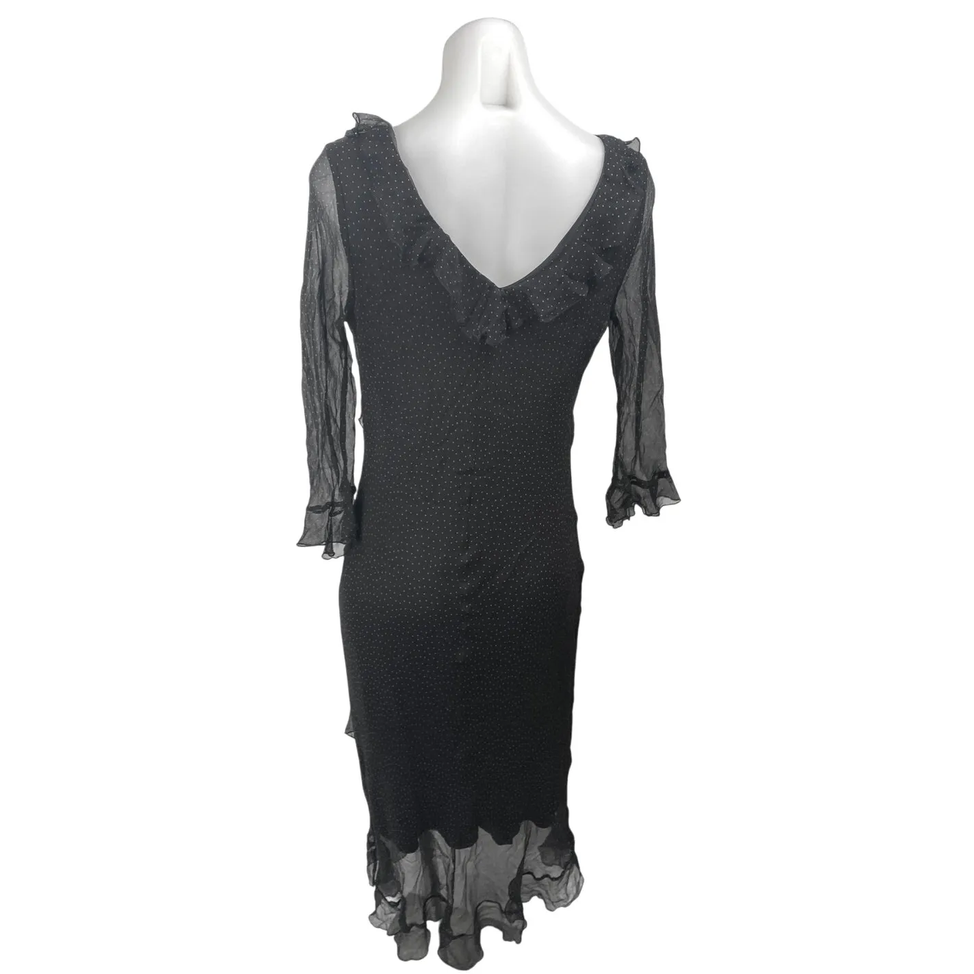 Jonathan Martin 100% Silk Black Polka Dot Ruffle V-neck Midi Bodycon Dress Sz 10 - Image 2