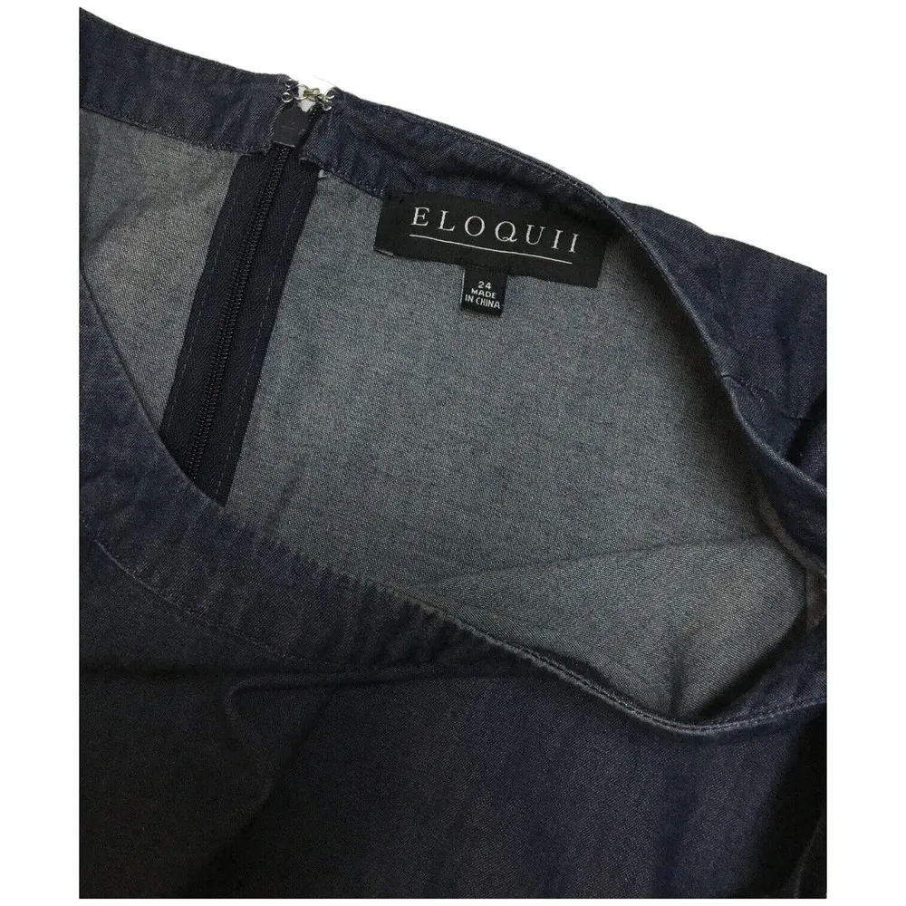Eloquii Round Tie Neck Flutter Sleeve Dark Chambray Denim Blue 24 - Image 11