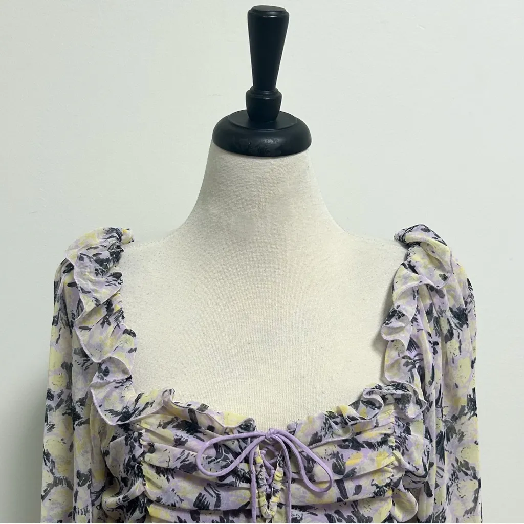 Free People Mabel Lilac Combo Purple Yellow Floral Sheer Puff Sleeve Top Large - Image 2