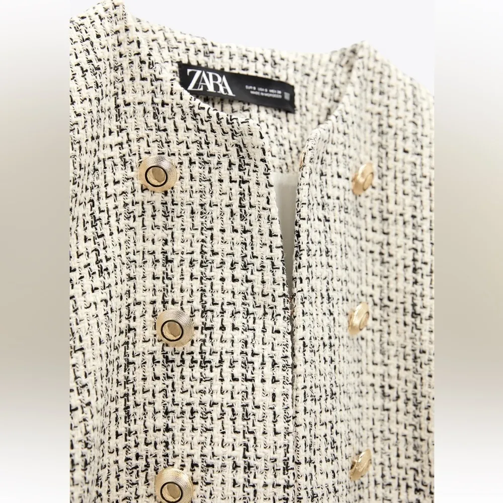 ZARA New Women Luxury Ecru Black Fitted Textured Round Collar Blazer Size L - Image 10