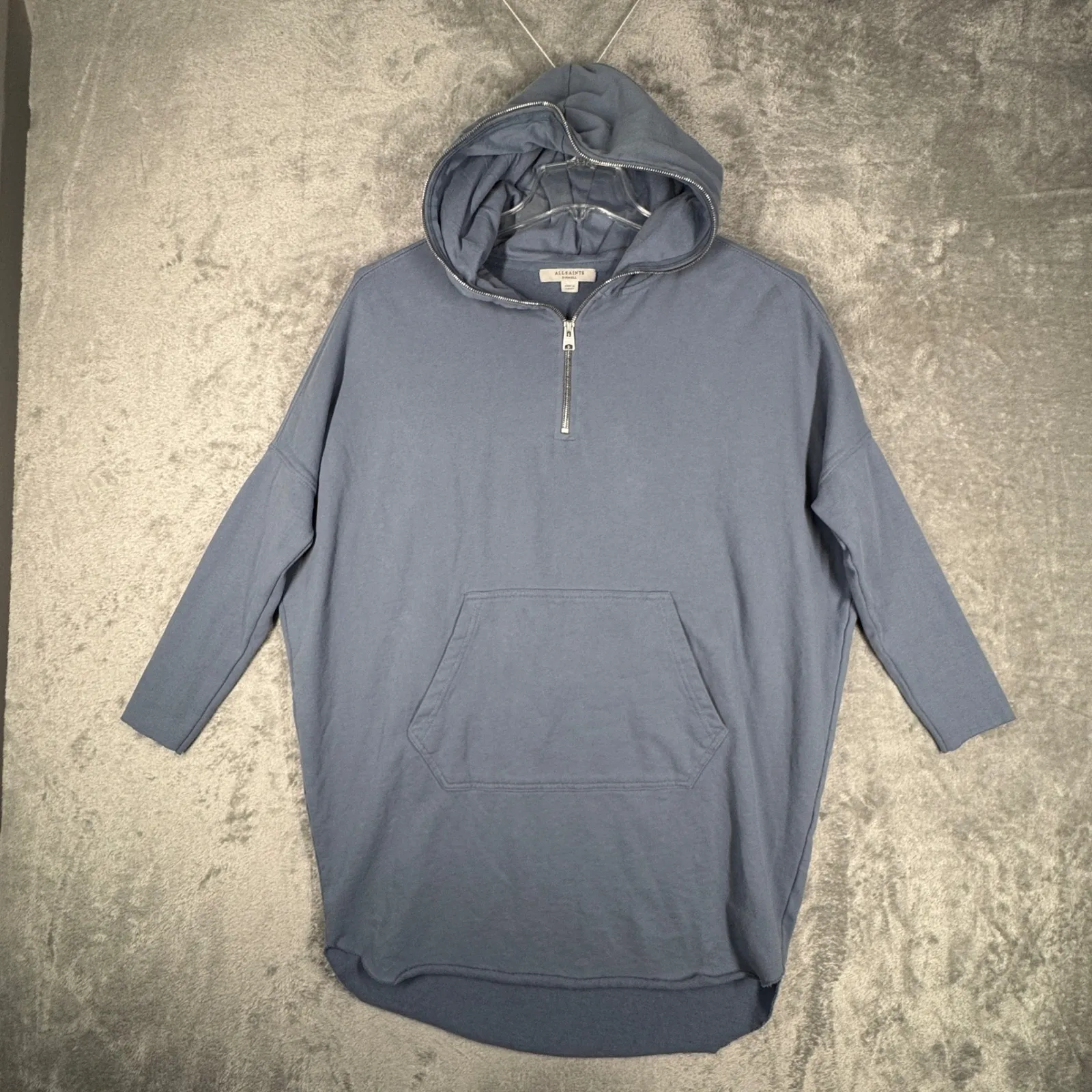 AllSaints Shirt Blue Hoodie Sweatshirt Quarter Zip Pullover Kangaroo Pocket XS‎ - Image 2