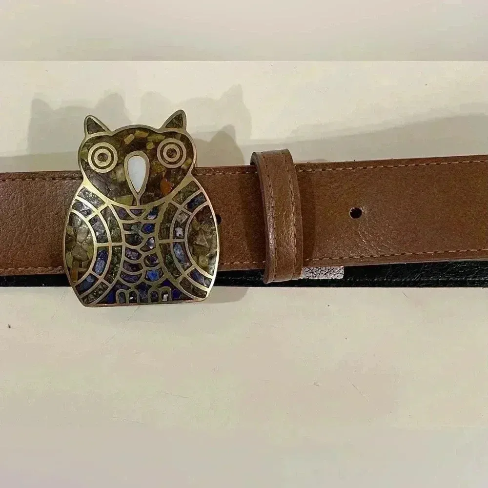 Vintage Owl‎ Buckle Metal Inlaid Stones in Belt Size L Brown Size L - Image 4