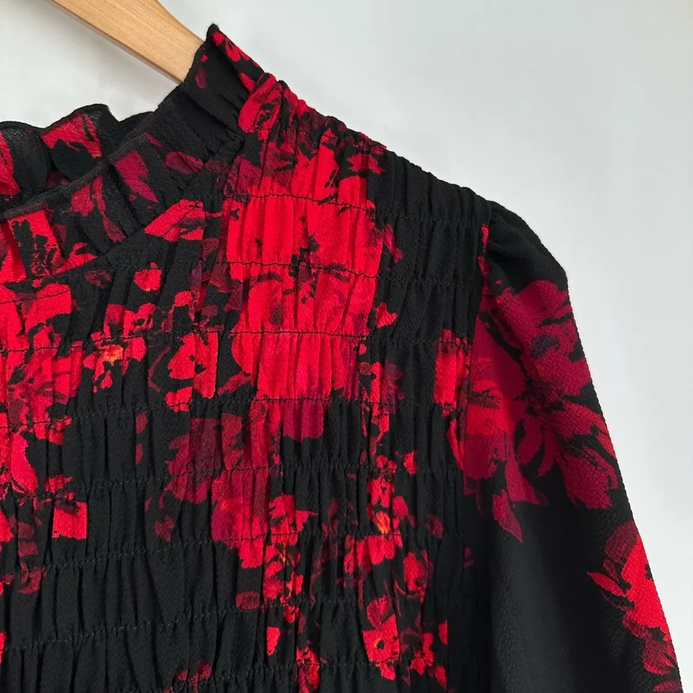 London Times Floral Puff Sleeve Smocked Tiered Midi Dress size 12 Black/Wine Red - Image 5