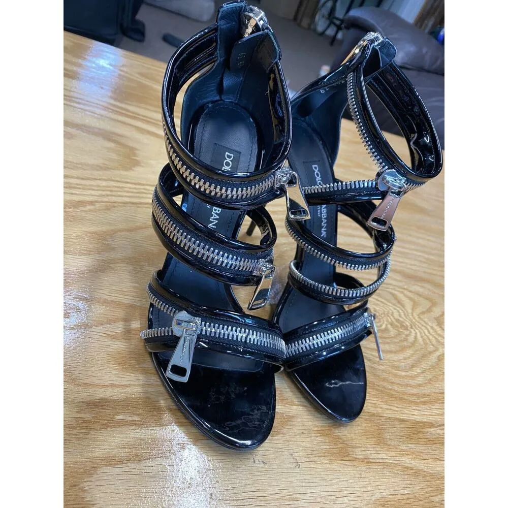 Dolce & Gabbana Heels Women's 6.5 Black Patent Leather Zip Up Stiletto Pump - Image 2